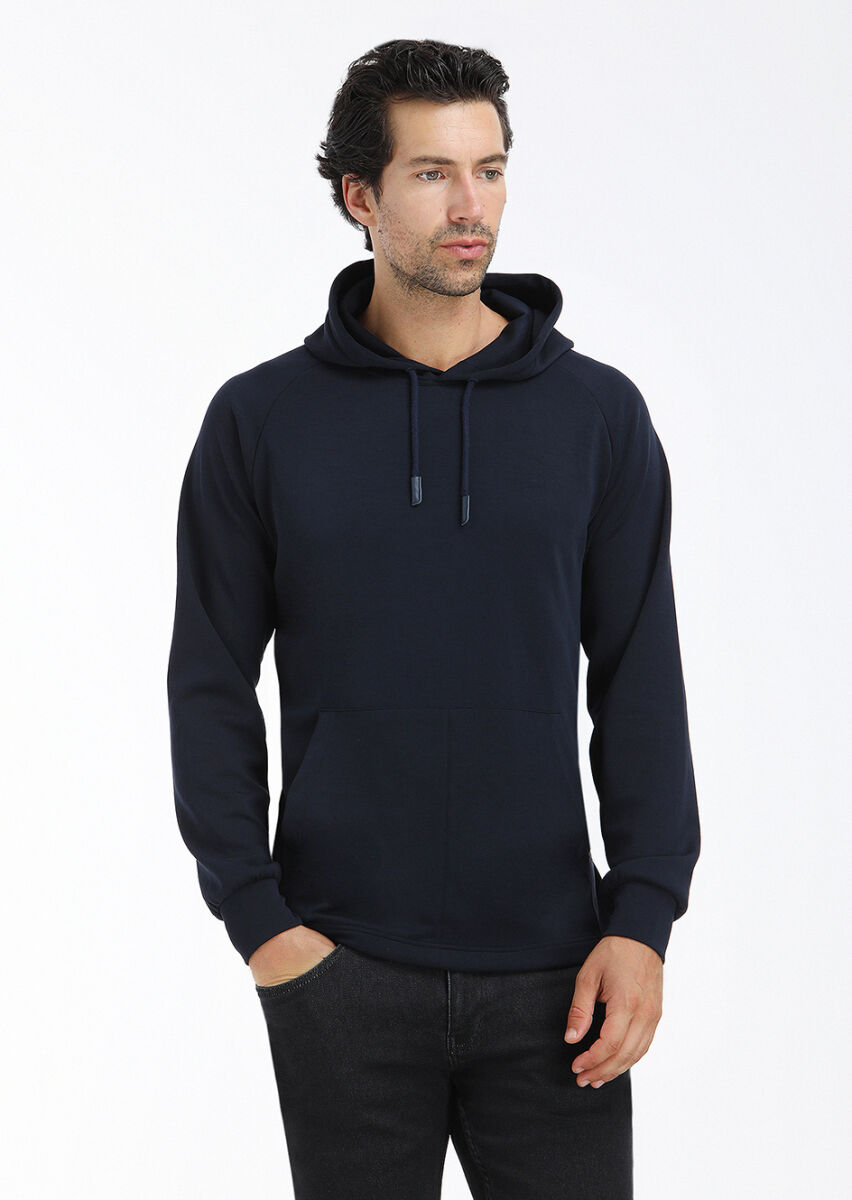 Lacivert Kapüşonlu Düz Sweatshırt - 2