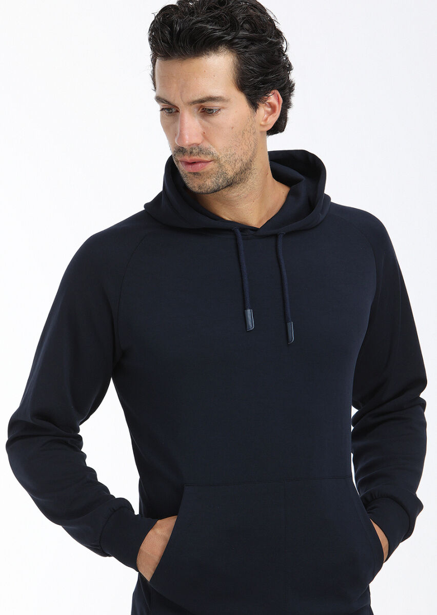 Lacivert Kapüşonlu Düz Sweatshırt - 3