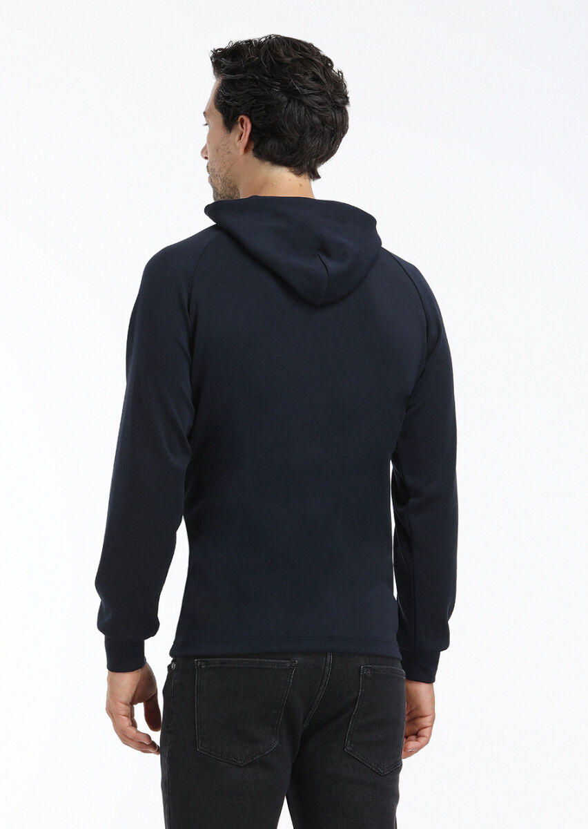 Lacivert Kapüşonlu Düz Sweatshırt - 4