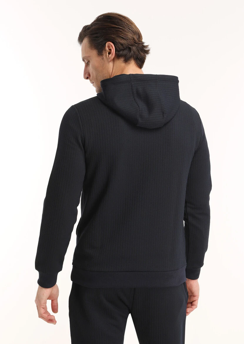 Lacivert Kapüşonlu Jakarlı Sweatshırt - 4