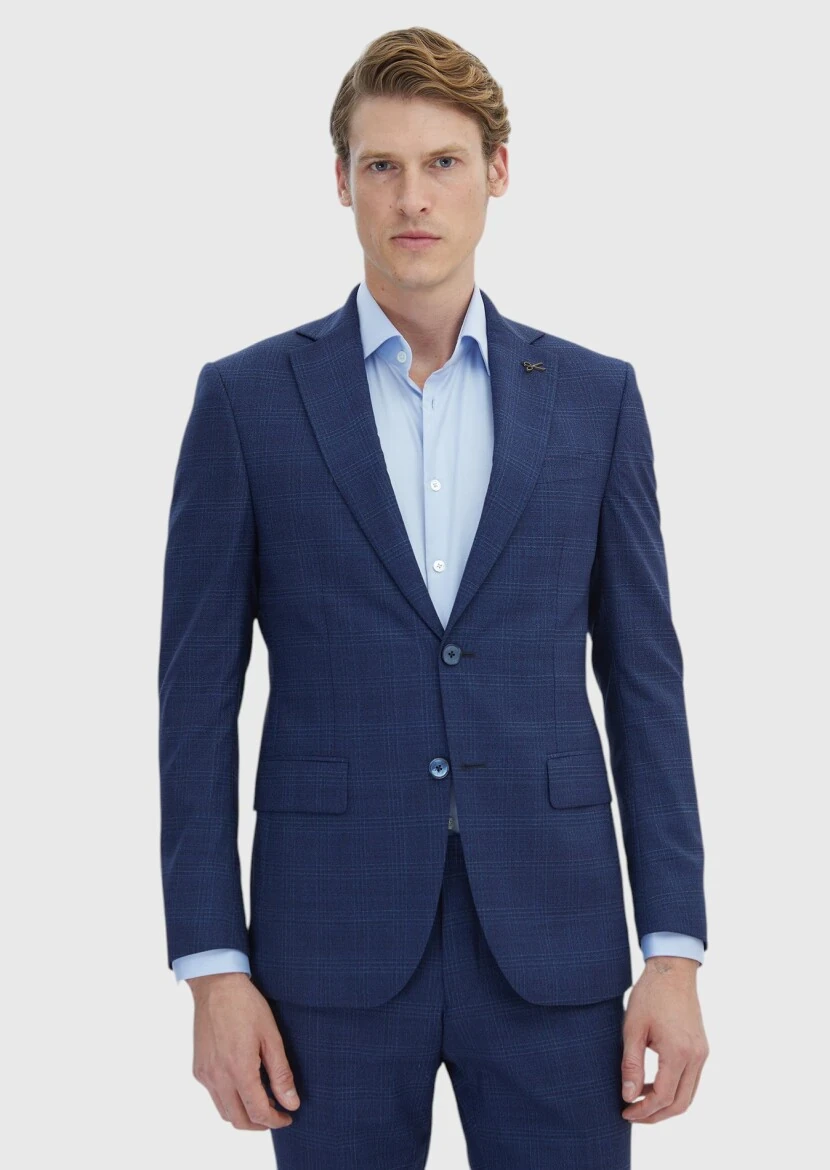 Lacivert Kareli Modern Fit %100 Yün Takım Elbise - 1