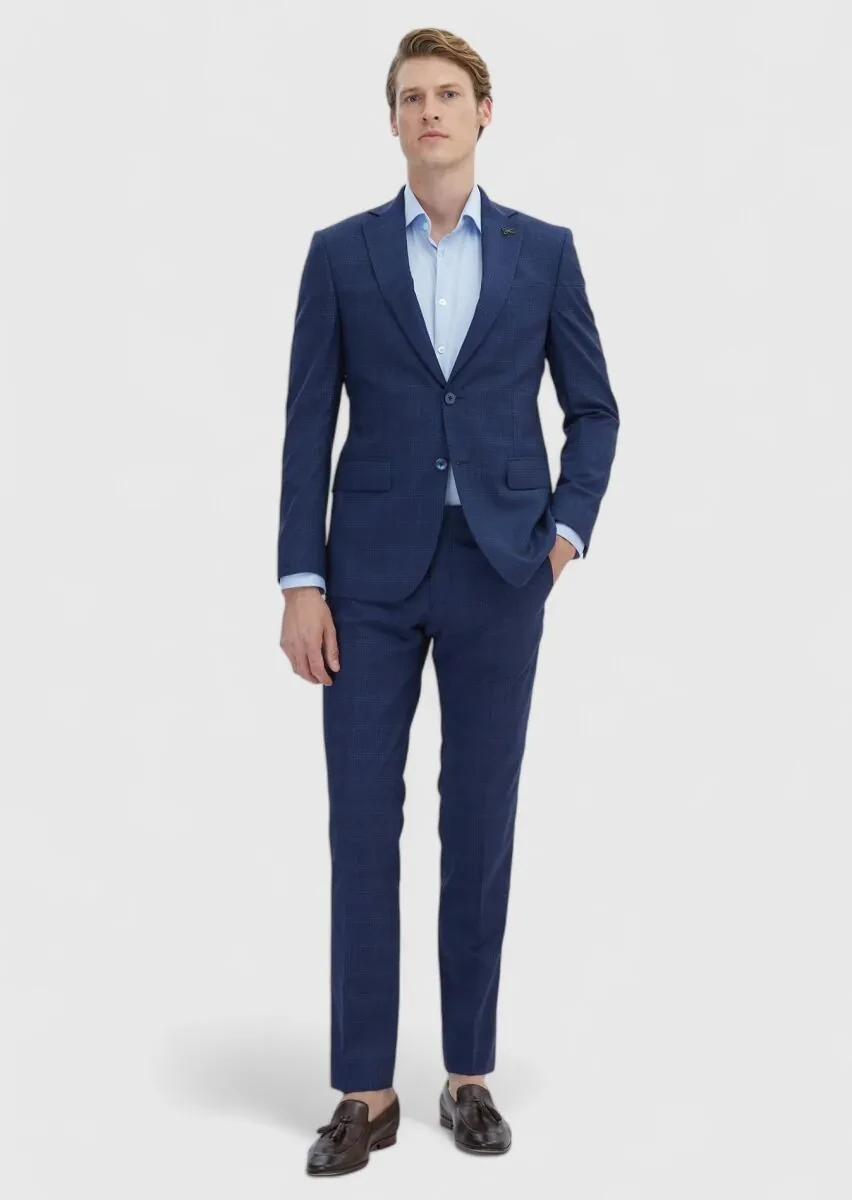 Lacivert Kareli Modern Fit %100 Yün Takım Elbise - 2