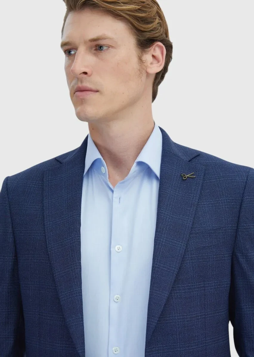 Lacivert Kareli Modern Fit %100 Yün Takım Elbise - 4