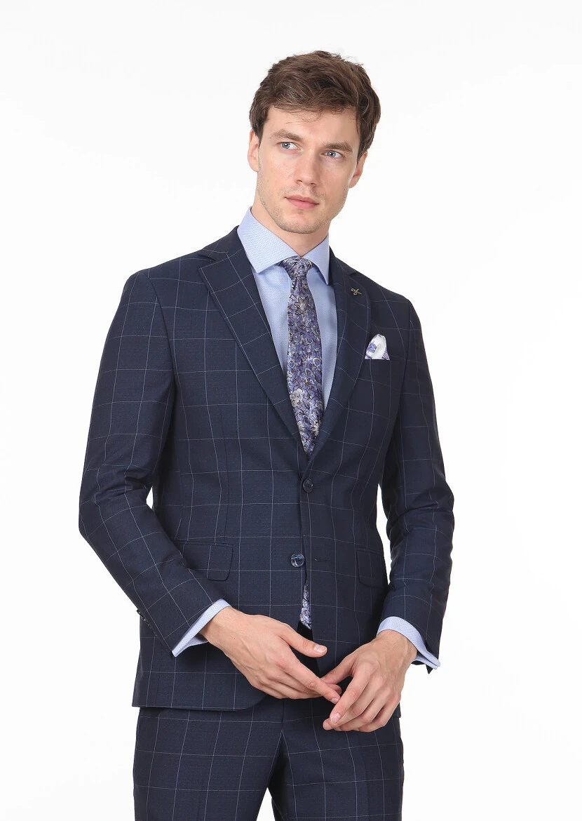 Lacivert Kareli Modern Fit Yün Karışımlı Takım Elbise - 1