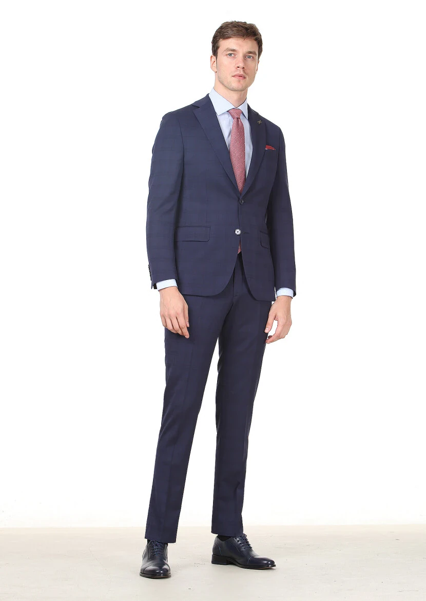 Lacivert Kareli Modern Fit Yün Karışımlı Takım Elbise - 1