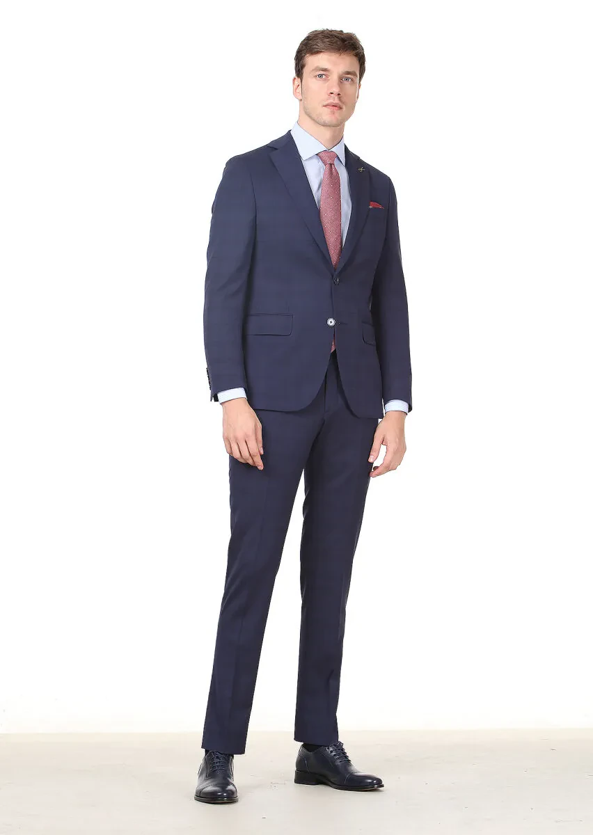 Lacivert Kareli Modern Fit Yün Karışımlı Takım Elbise - 1