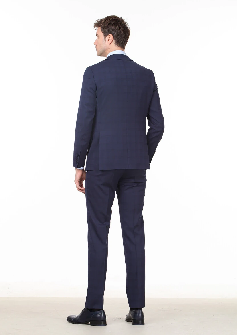 Lacivert Kareli Modern Fit Yün Karışımlı Takım Elbise - 4