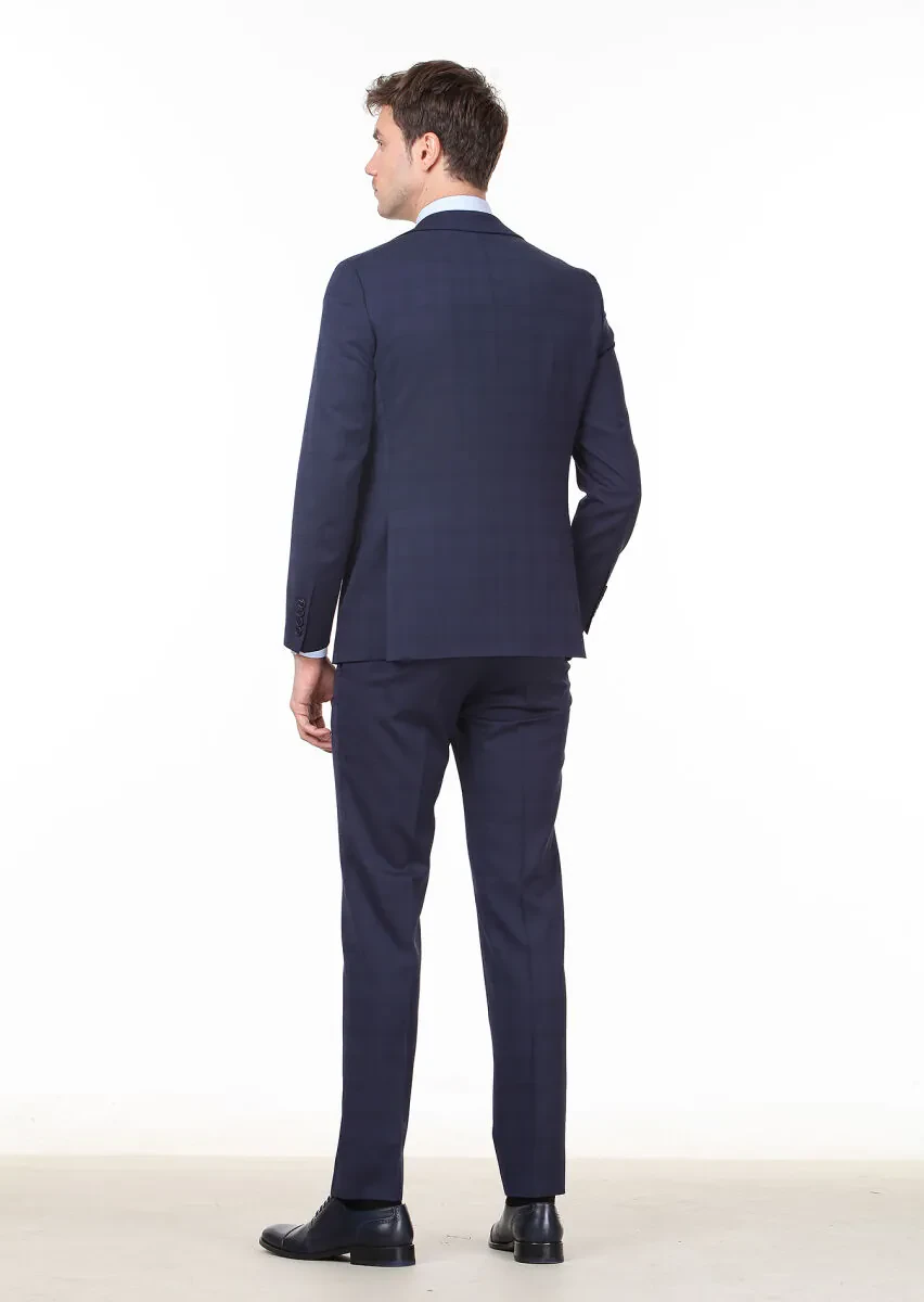 Lacivert Kareli Modern Fit Yün Karışımlı Takım Elbise - 4