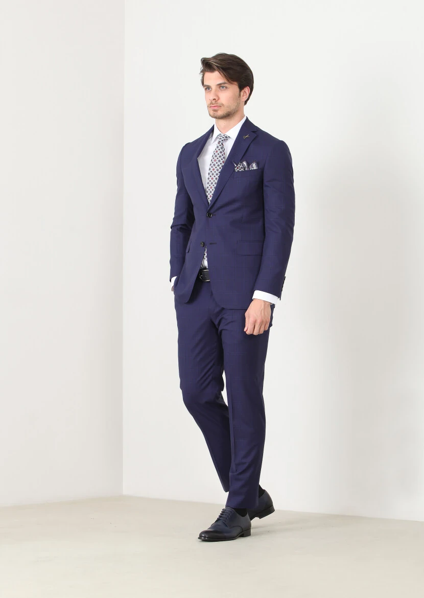 Lacivert Kareli Regular Fit %100 Yün Takım Elbise - 1