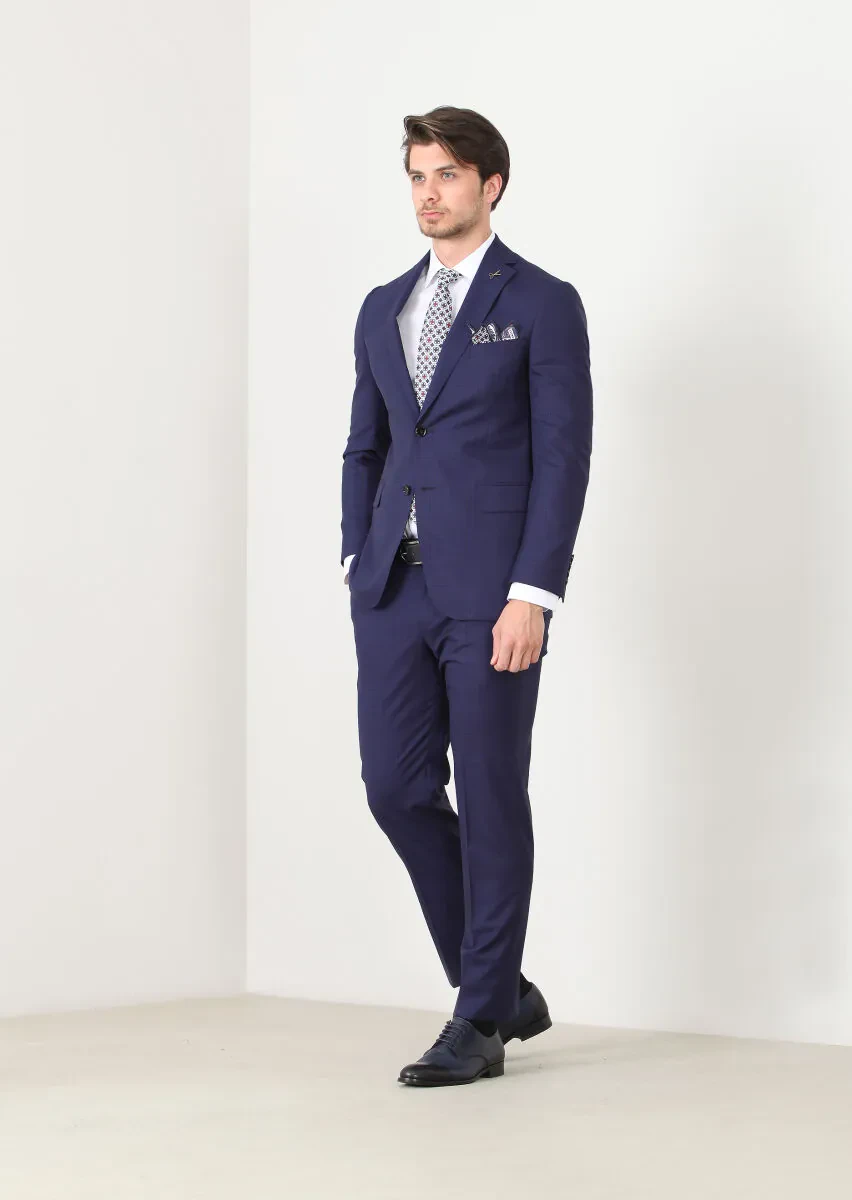 Lacivert Kareli Regular Fit %100 Yün Takım Elbise - 1