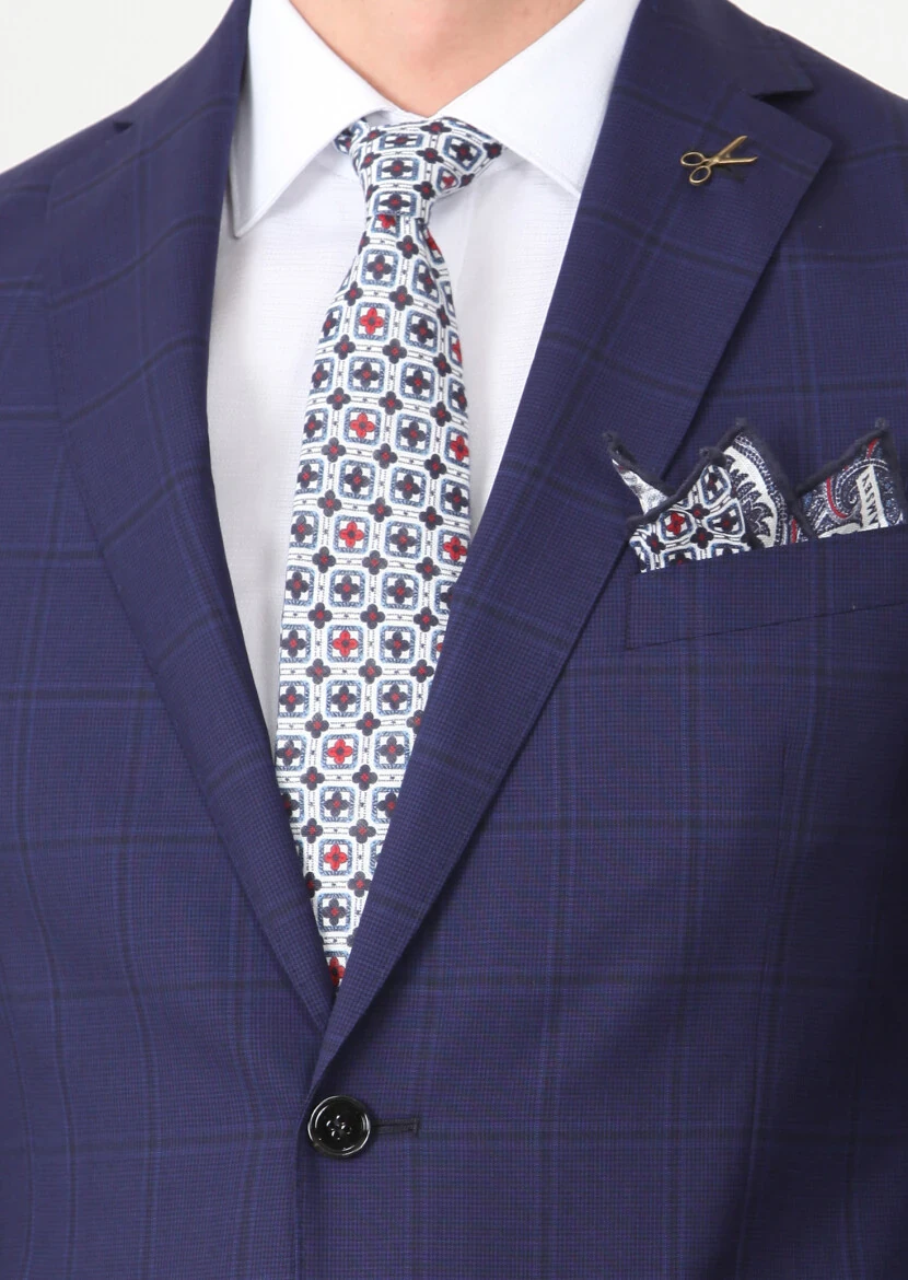 Lacivert Kareli Regular Fit %100 Yün Takım Elbise - 3