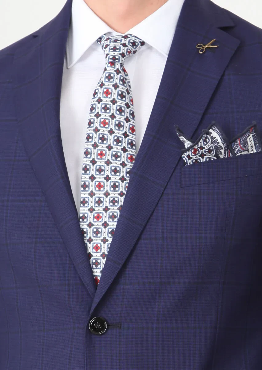 Lacivert Kareli Regular Fit %100 Yün Takım Elbise - 3