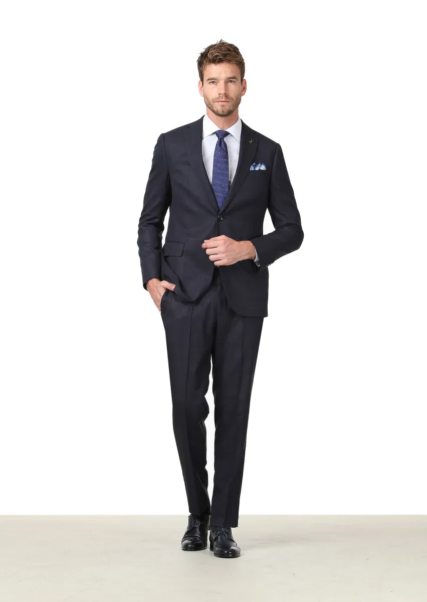 Lacivert Kareli Regular Fit %100 Yün Takım Elbise - 2