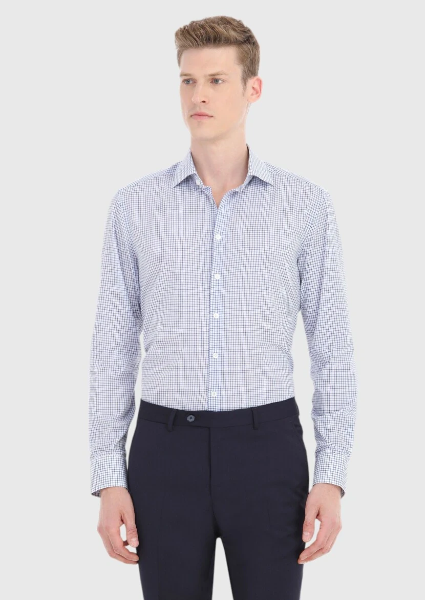 Lacivert Kareli Regular Fit Dokuma Klasik %100 Pamuk Gömlek - 2