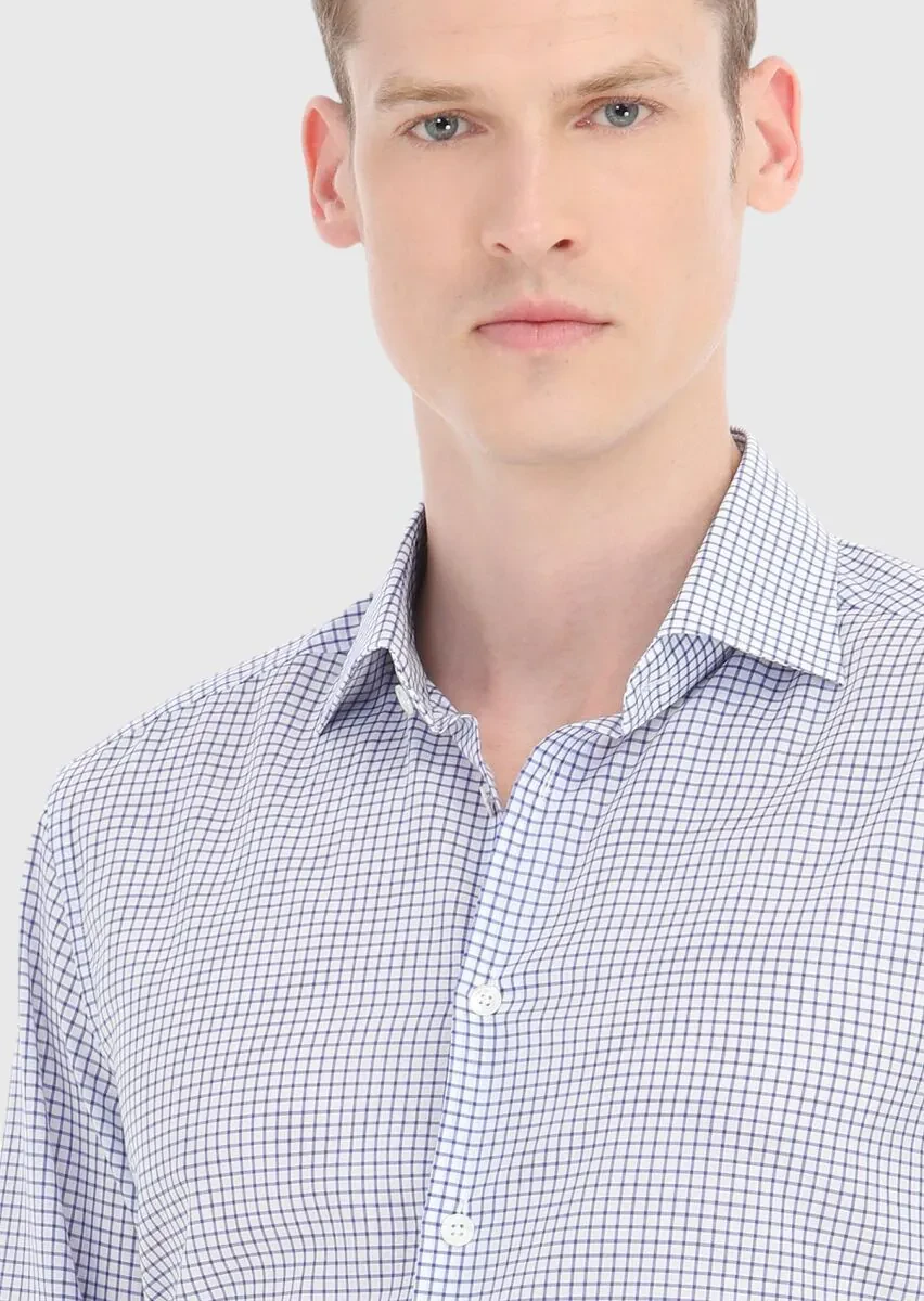 Lacivert Kareli Regular Fit Dokuma Klasik %100 Pamuk Gömlek - 3