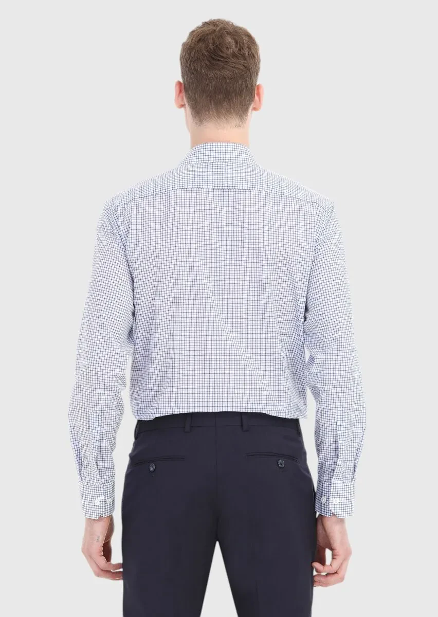 Lacivert Kareli Regular Fit Dokuma Klasik %100 Pamuk Gömlek - 4