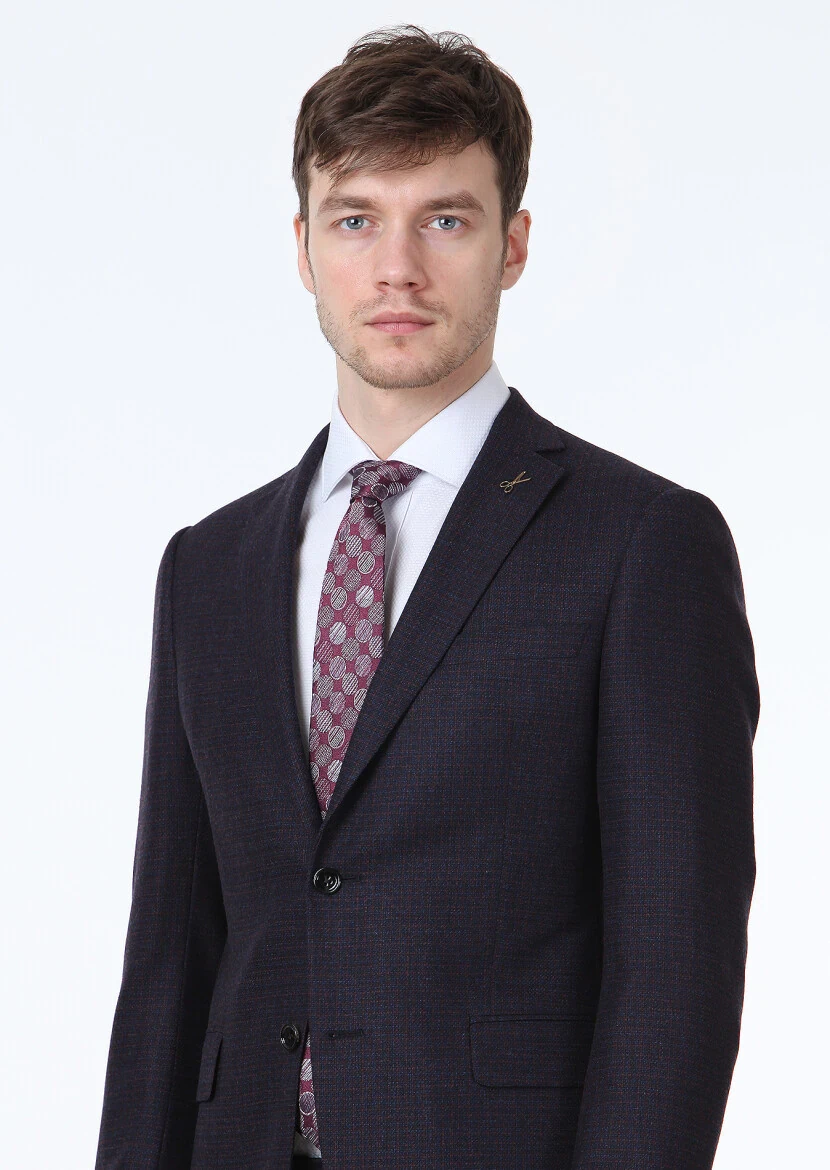 Lacivert Kareli Regular Fit Yün Karışımlı Ceket - 2