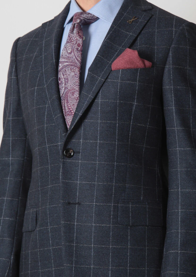 Lacivert Kareli Regular Fit Yün Karışımlı Takım Elbise - 4