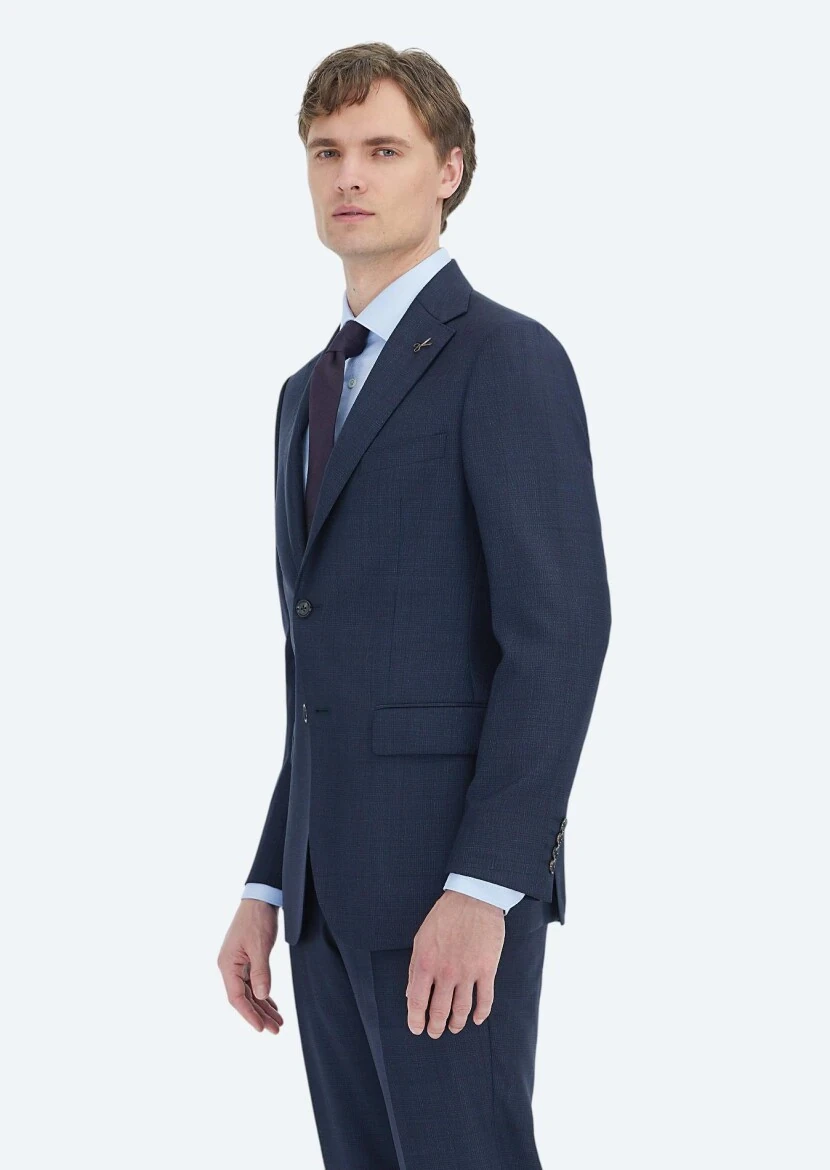 Lacivert Kareli Regular Fit Yün Karışımlı Takım Elbise - 2