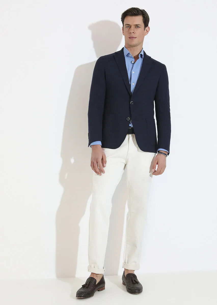 Lacivert Kareli Shirt Shoulder Slim Fit Pamuk Karışımlı Örme Ceket - 2