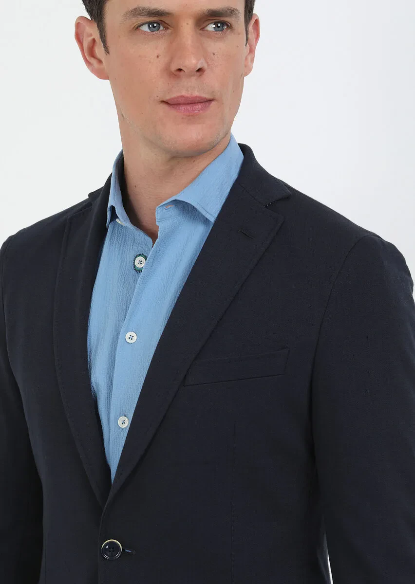 Lacivert Kareli Shirt Shoulder Slim Fit Pamuk Karışımlı Örme Ceket - 3