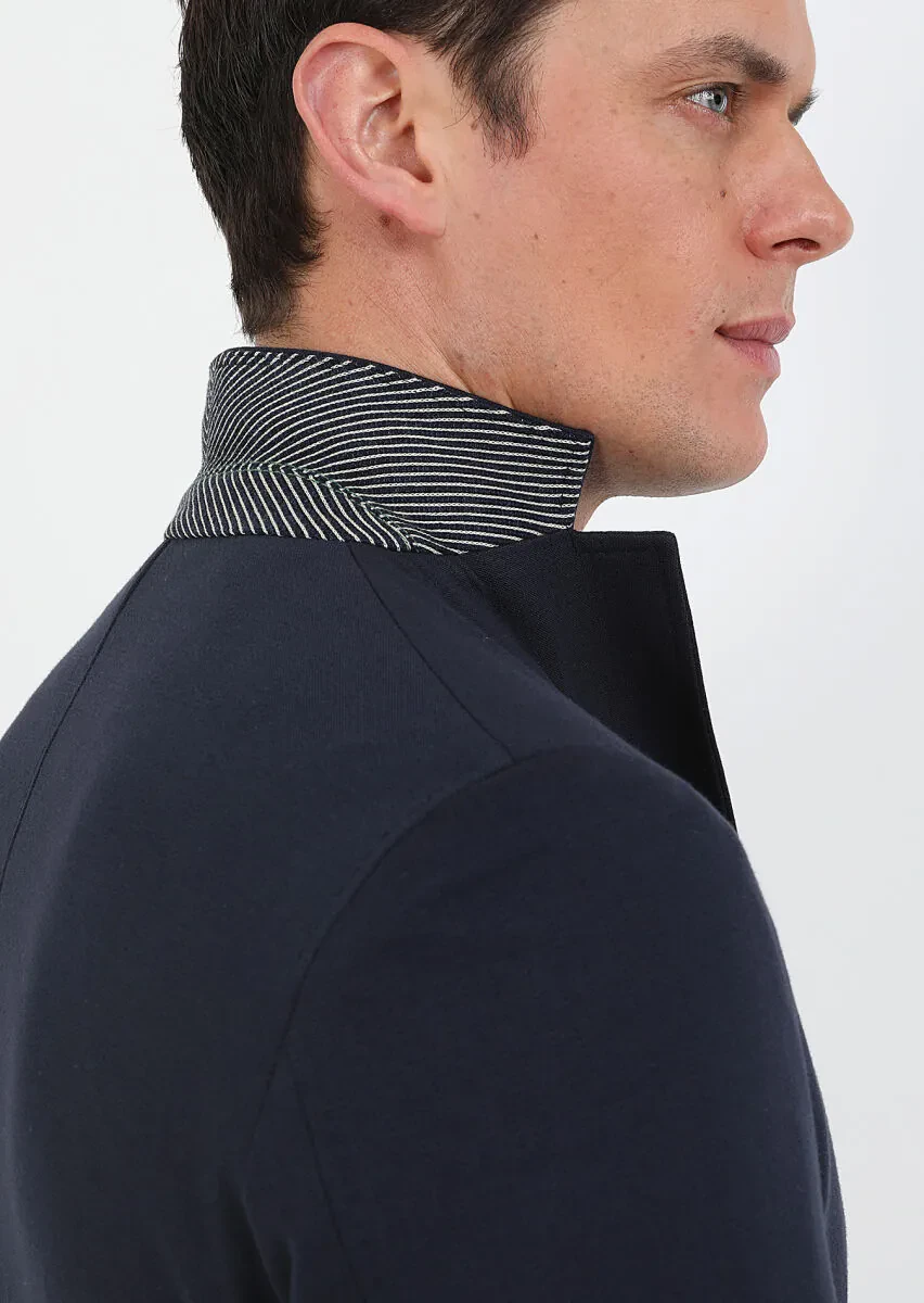 Lacivert Kareli Shirt Shoulder Slim Fit Pamuk Karışımlı Örme Ceket - 4