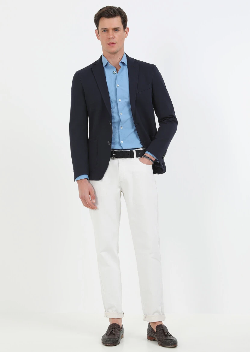 Lacivert Kareli Shirt Shoulder Slim Fit Pamuk Karışımlı Örme Ceket - 5