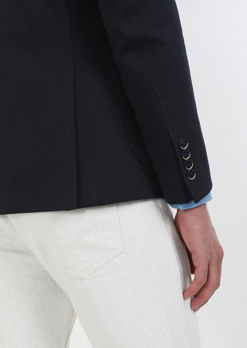 Lacivert Kareli Shirt Shoulder Slim Fit Pamuk Karışımlı Örme Ceket - 6