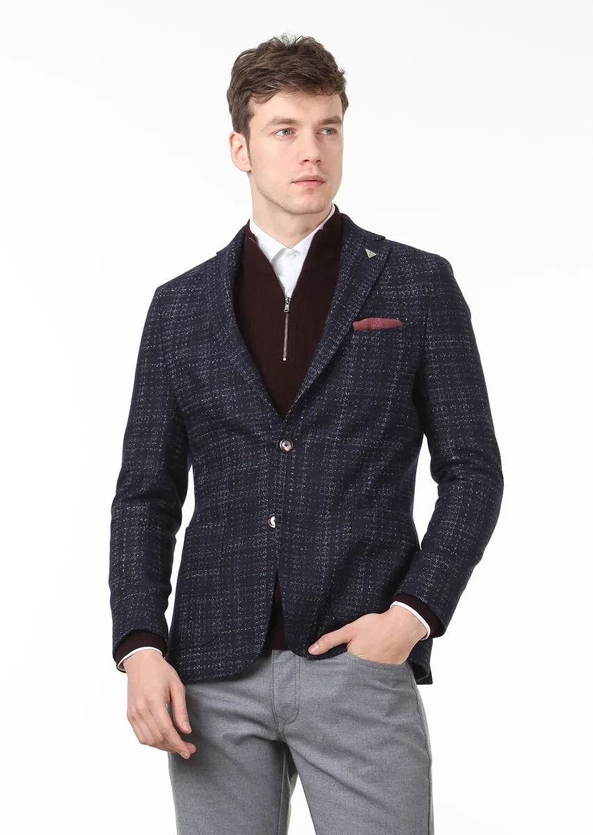 Lacivert Kareli Shirt Shoulder Slim Fit Yün Karışımlı Ceket - 1