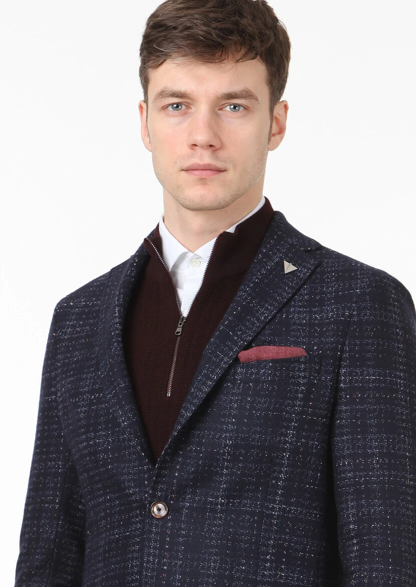 Lacivert Kareli Shirt Shoulder Slim Fit Yün Karışımlı Ceket - 2