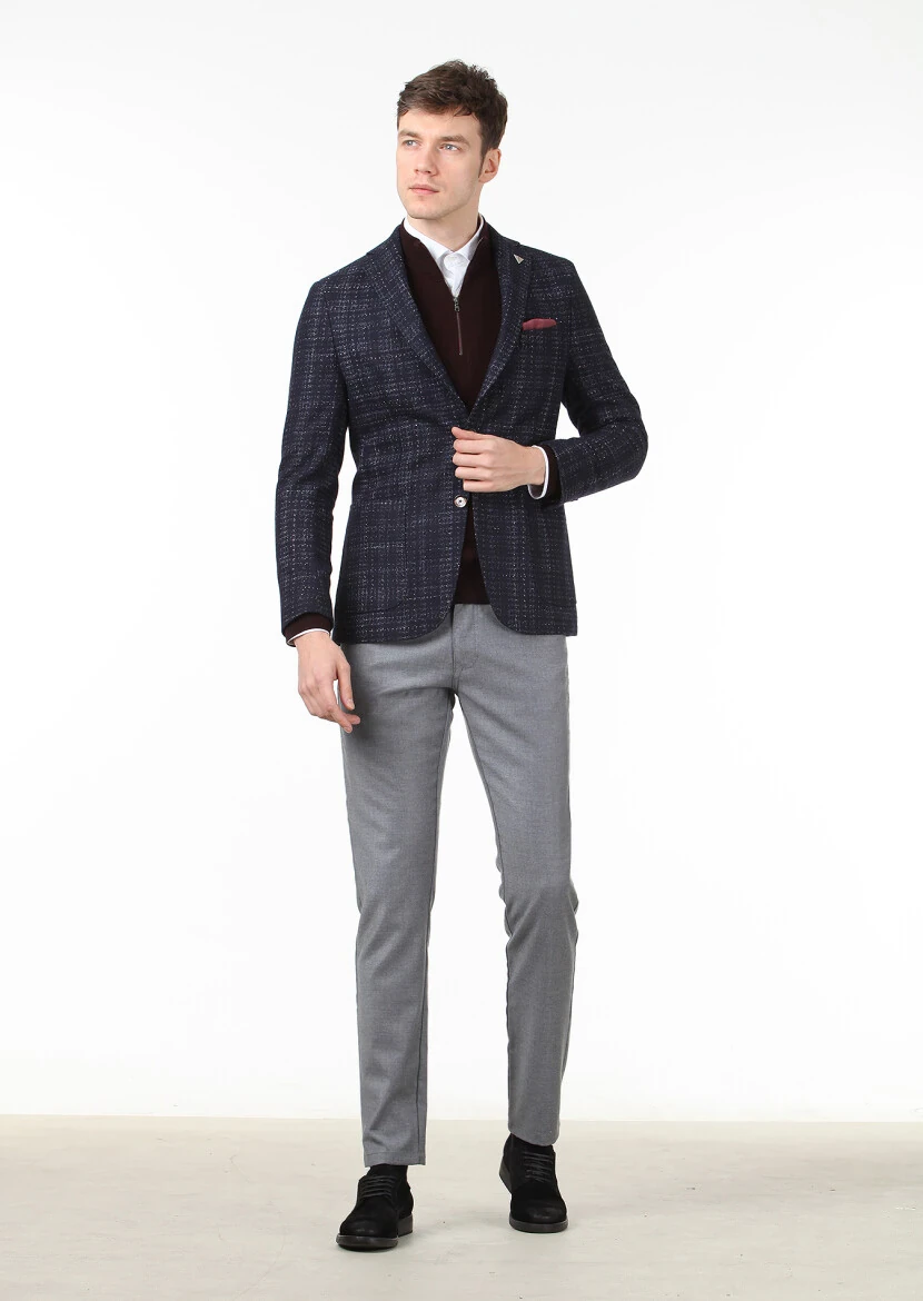 Lacivert Kareli Shirt Shoulder Slim Fit Yün Karışımlı Ceket - 3