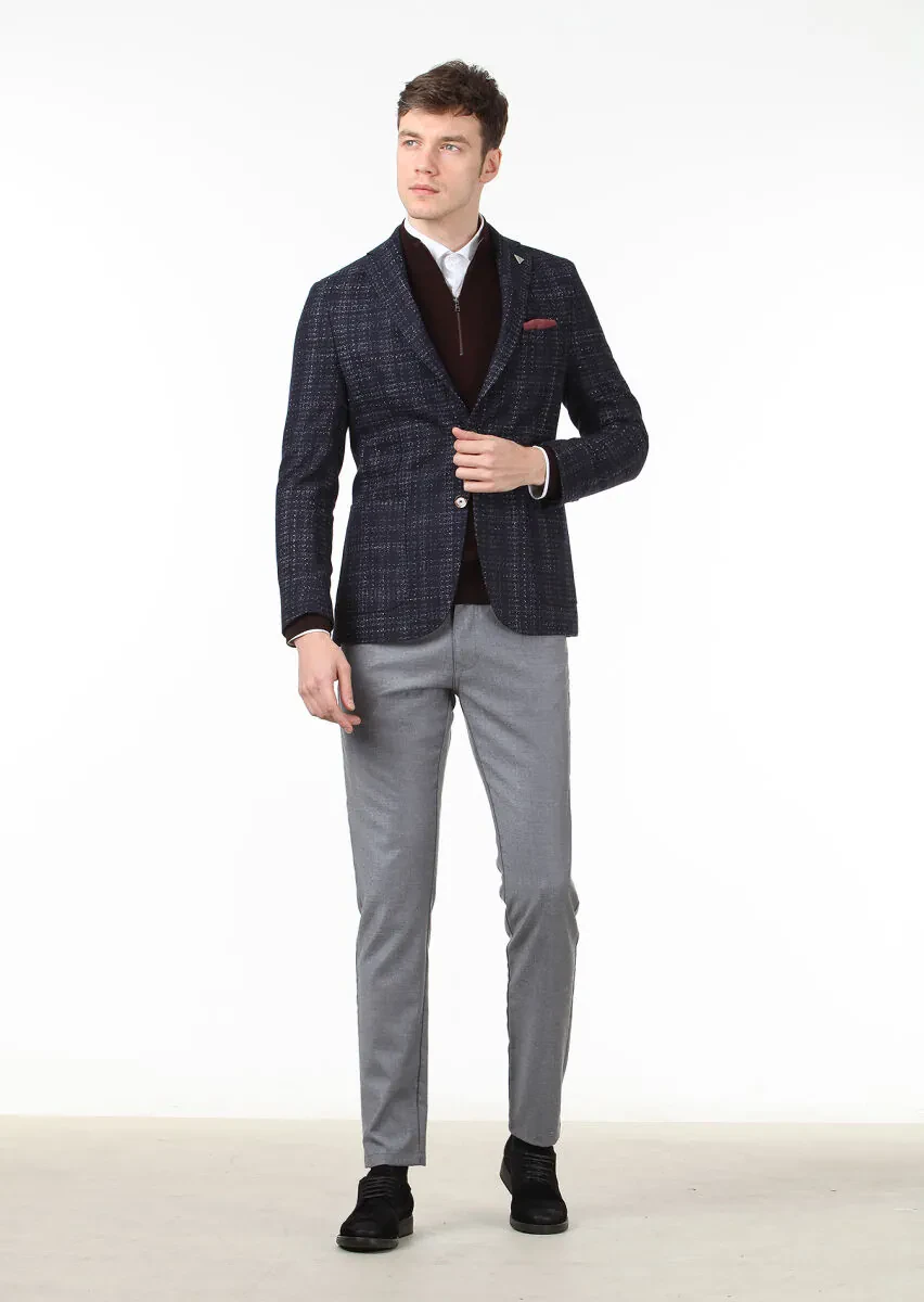 Lacivert Kareli Shirt Shoulder Slim Fit Yün Karışımlı Ceket - 3