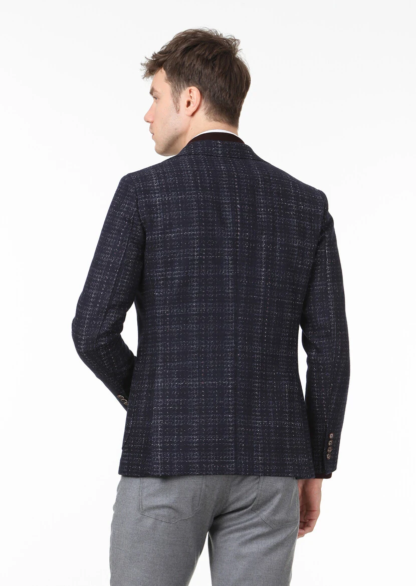 Lacivert Kareli Shirt Shoulder Slim Fit Yün Karışımlı Ceket - 4