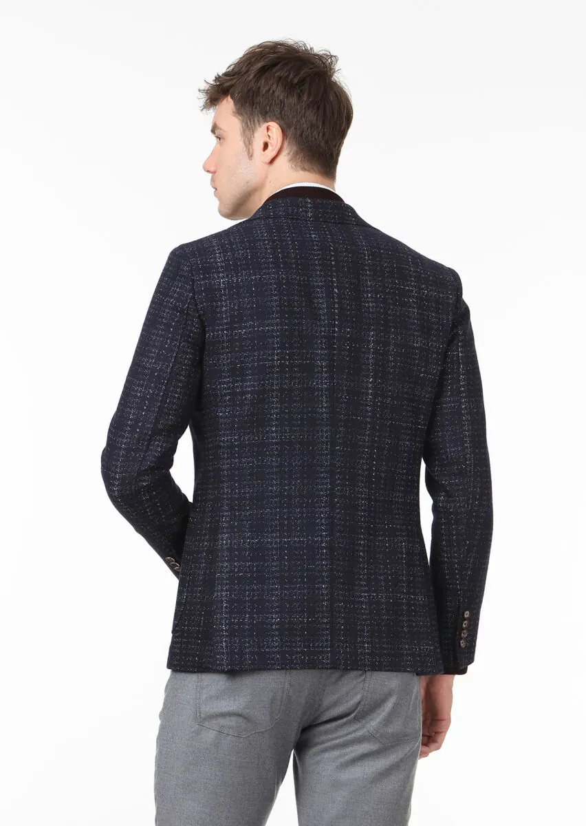 Lacivert Kareli Shirt Shoulder Slim Fit Yün Karışımlı Ceket - 4