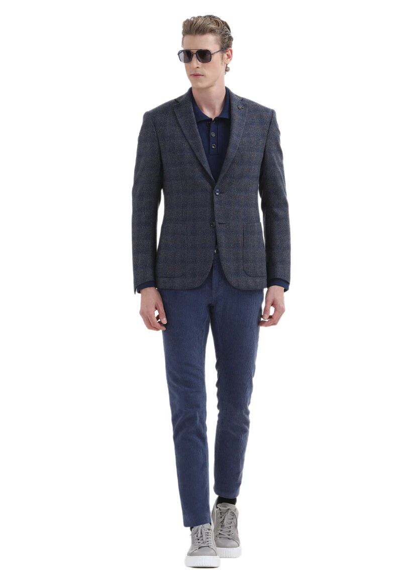 Lacivert Kareli Zeroweight Slim Fit %100 Yün Ceket - 1