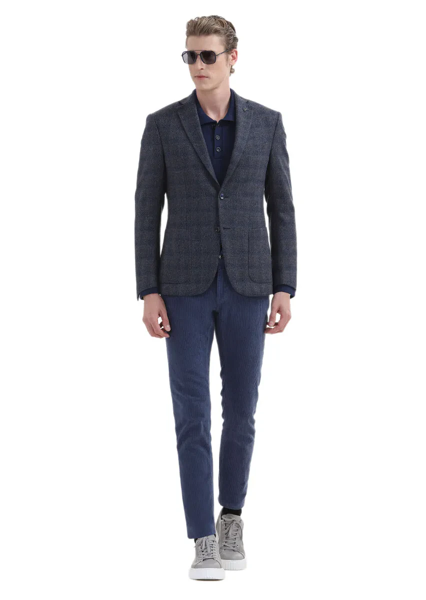 Lacivert Kareli Zeroweight Slim Fit %100 Yün Ceket - 1