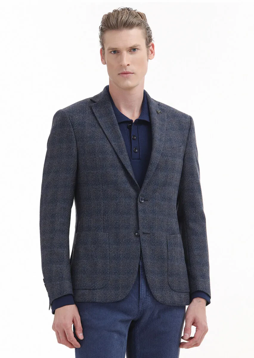 Lacivert Kareli Zeroweight Slim Fit %100 Yün Ceket - 2