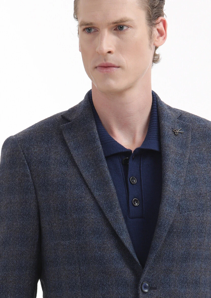 Lacivert Kareli Zeroweight Slim Fit %100 Yün Ceket - 4