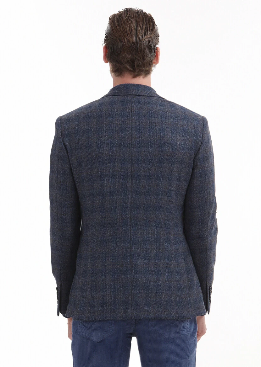 Lacivert Kareli Zeroweight Slim Fit %100 Yün Ceket - 6