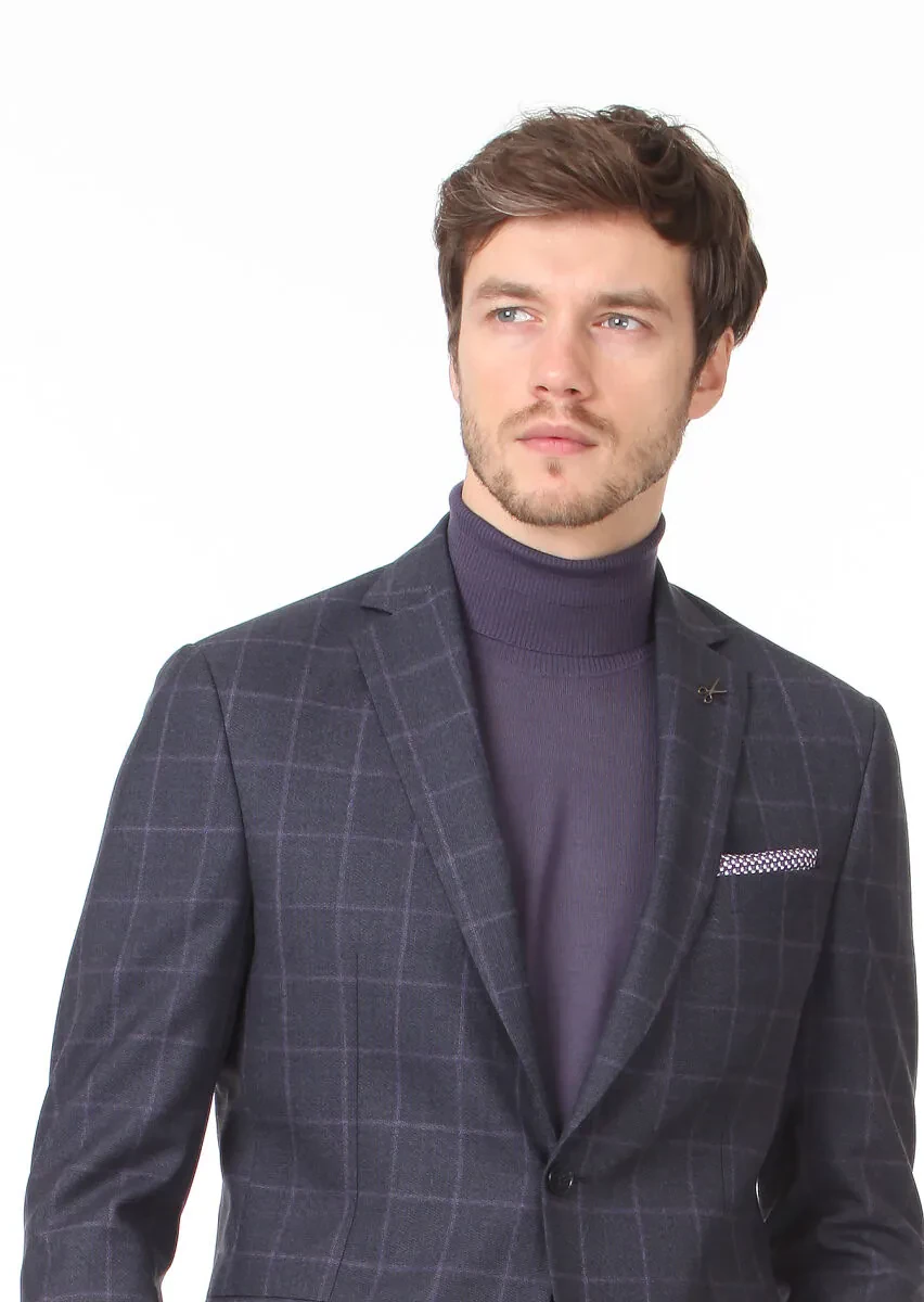 Lacivert Kareli Zeroweight Slim Fit %100 Yün Takım Elbise - 2