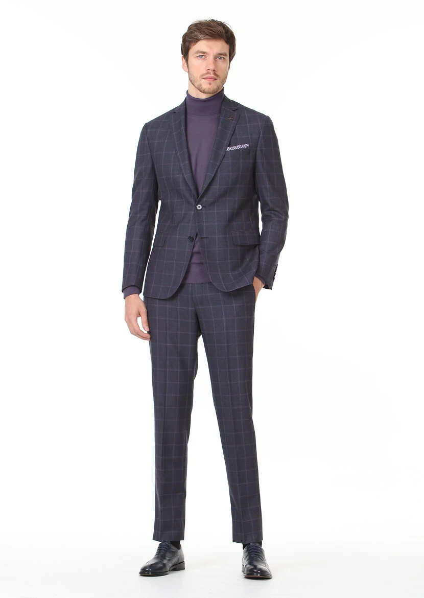 Lacivert Kareli Zeroweight Slim Fit %100 Yün Takım Elbise - 3