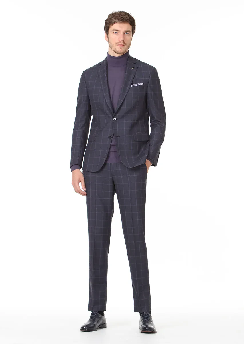 Lacivert Kareli Zeroweight Slim Fit %100 Yün Takım Elbise - 3