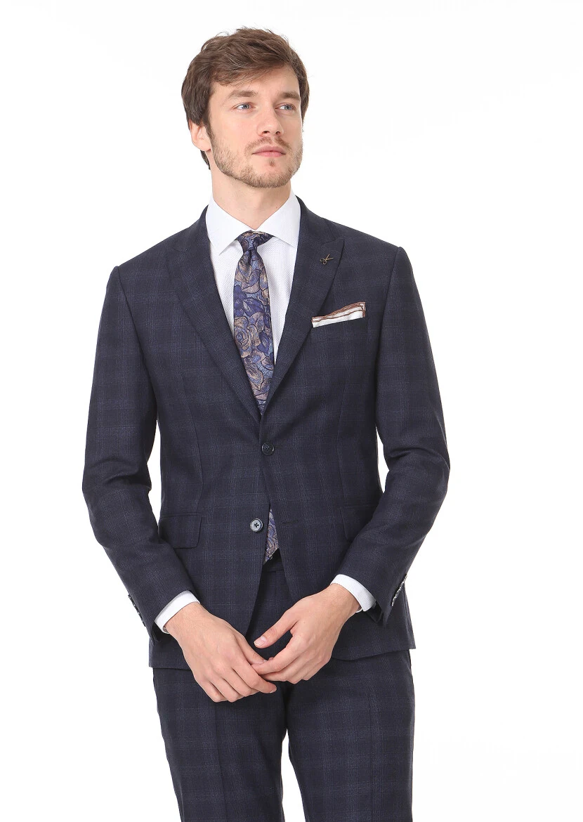 Lacivert Kareli Zeroweight Slim Fit %100 Yün Takım Elbise - 1