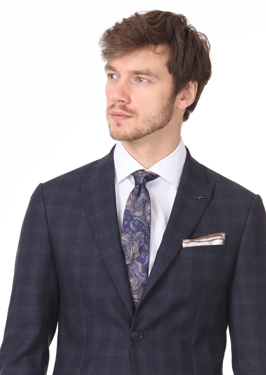 Lacivert Kareli Zeroweight Slim Fit %100 Yün Takım Elbise - 2