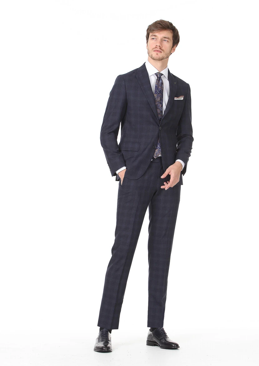 Lacivert Kareli Zeroweight Slim Fit %100 Yün Takım Elbise - 3