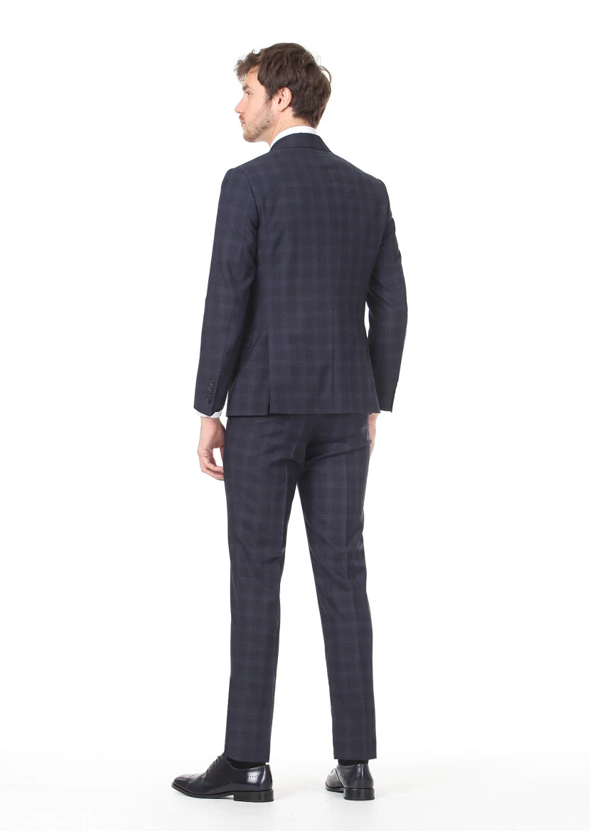 Lacivert Kareli Zeroweight Slim Fit %100 Yün Takım Elbise - 4