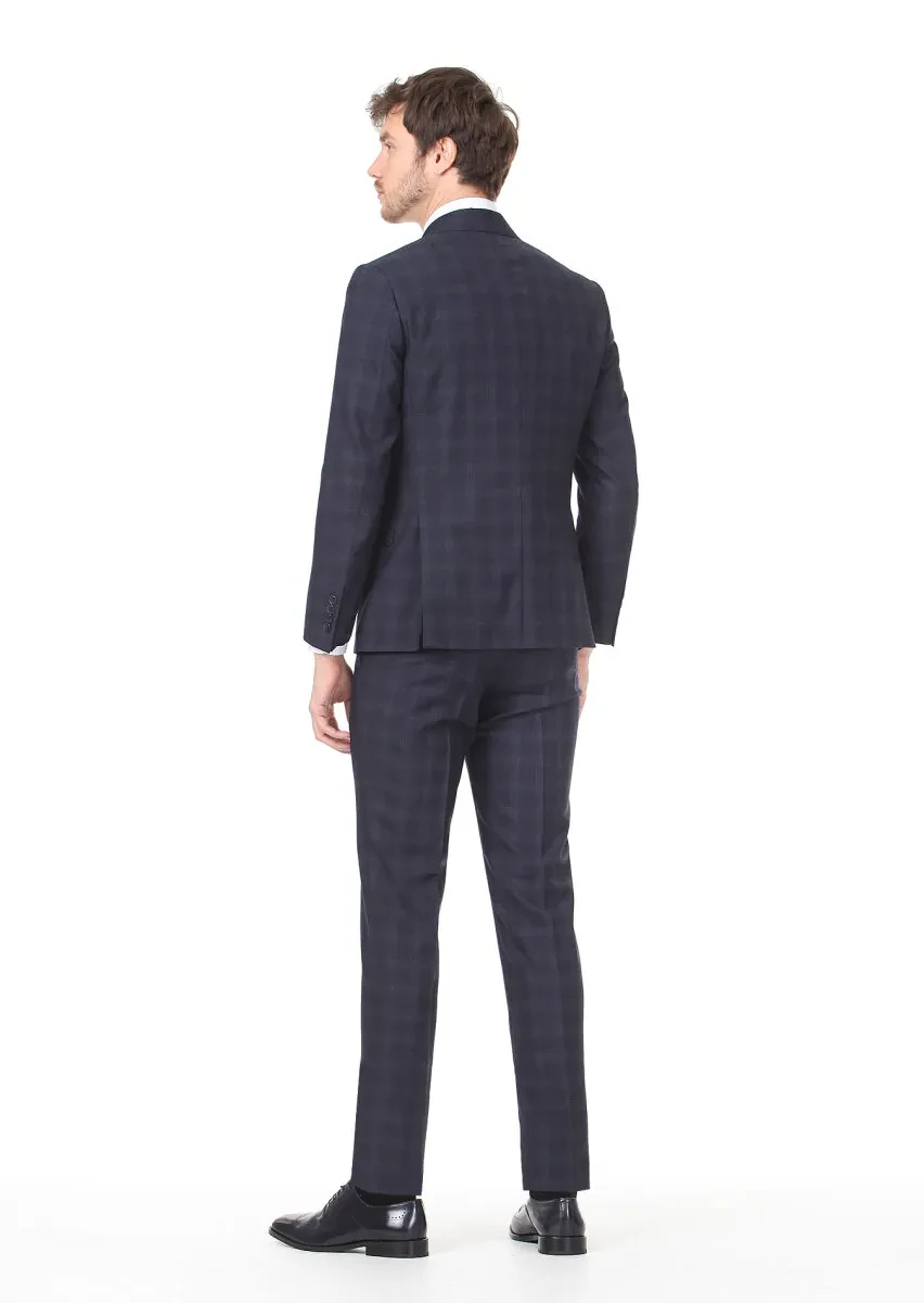 Lacivert Kareli Zeroweight Slim Fit %100 Yün Takım Elbise - 4