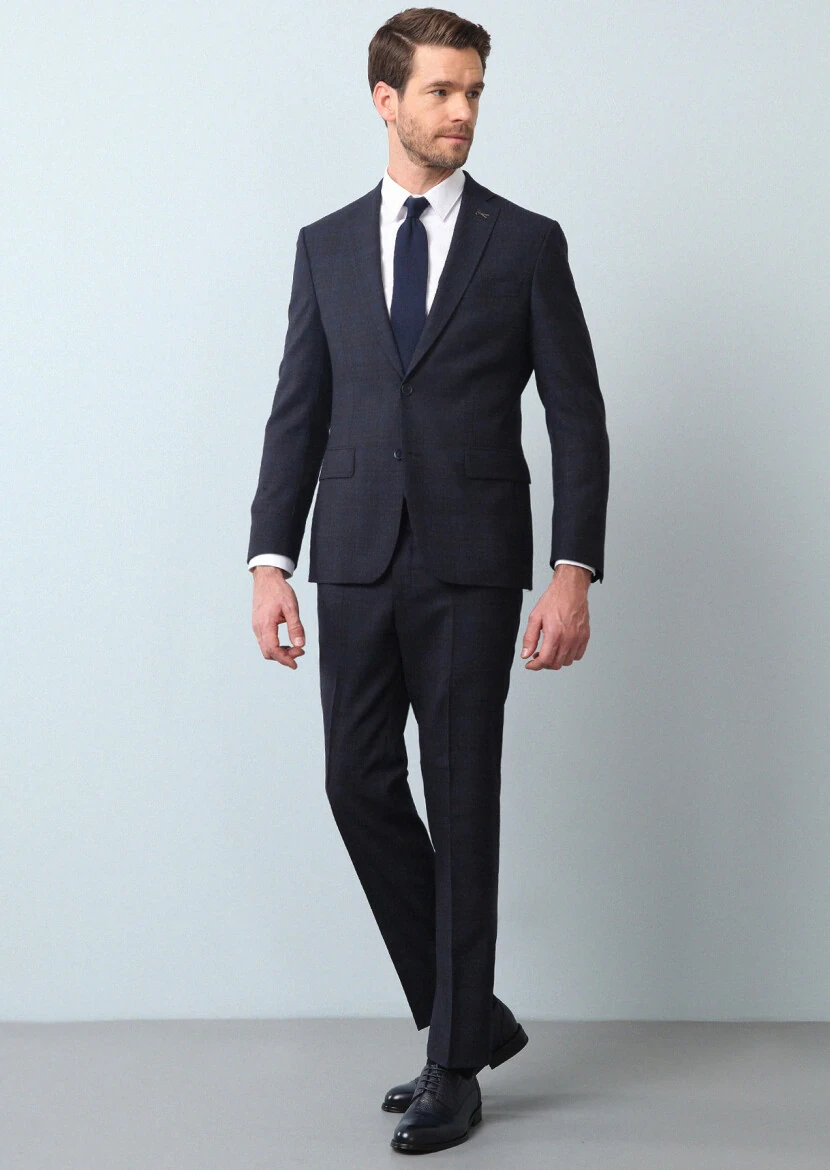 Lacivert Kareli Zeroweight Slim Fit %100 Yün Takım Elbise - 1