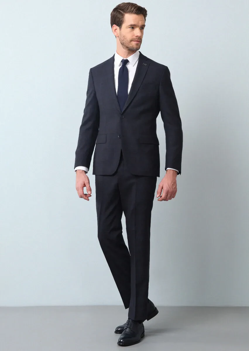 Lacivert Kareli Zeroweight Slim Fit %100 Yün Takım Elbise - 1