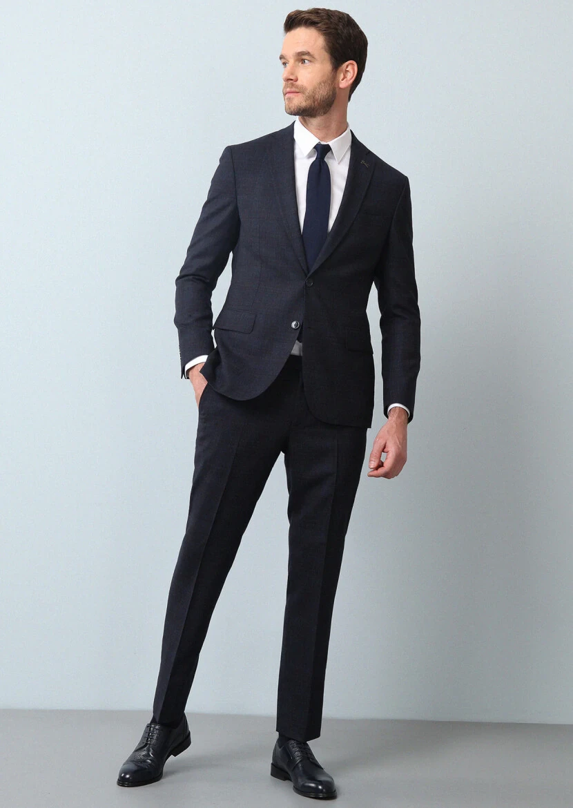Lacivert Kareli Zeroweight Slim Fit %100 Yün Takım Elbise - 3